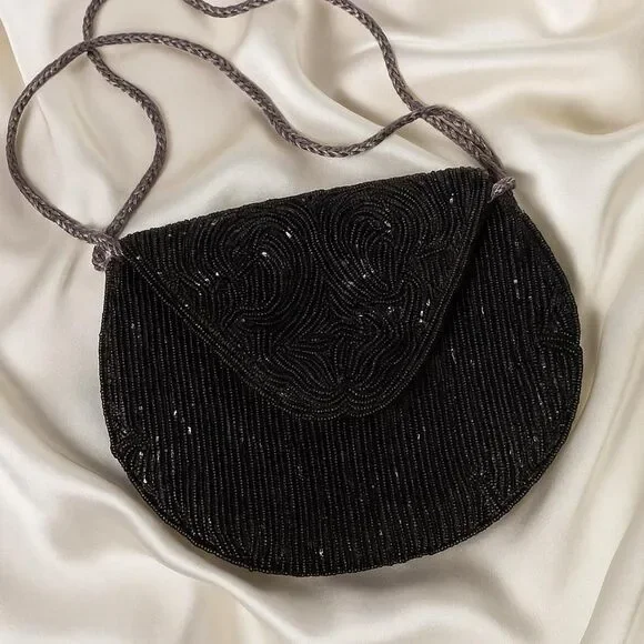 Vintage Beaded Evening Bag Grey/Black | Satin Silk Interior | Excellent Vintage - Picture 2 of 8